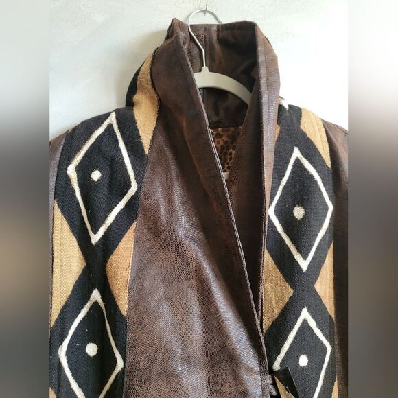 OVERSIZED single button leather and fabric cheetah liner mud cloth jacket OS - Picture 3 of 16